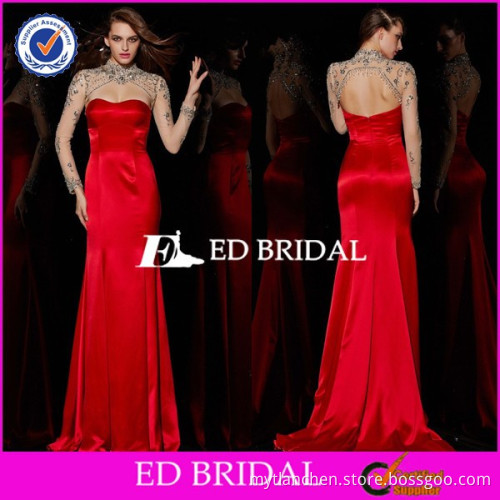 ZA001 2015 Dress Design Red High Neck Sexy Open Back Mermaid Long Sleeve Evening Dress